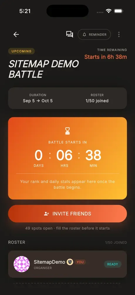 A battle about to start: countdown, roster and an invite button
