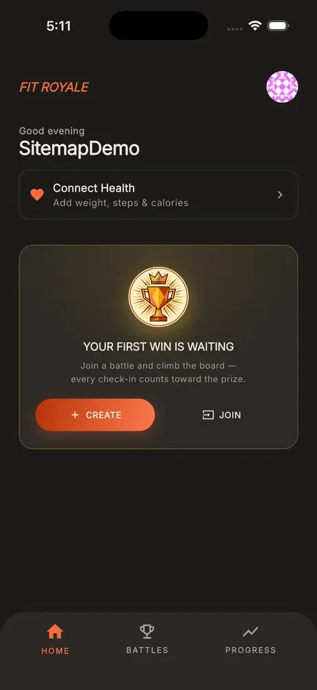Fit Royale's home screen: connect Apple Health, then create or join a battle