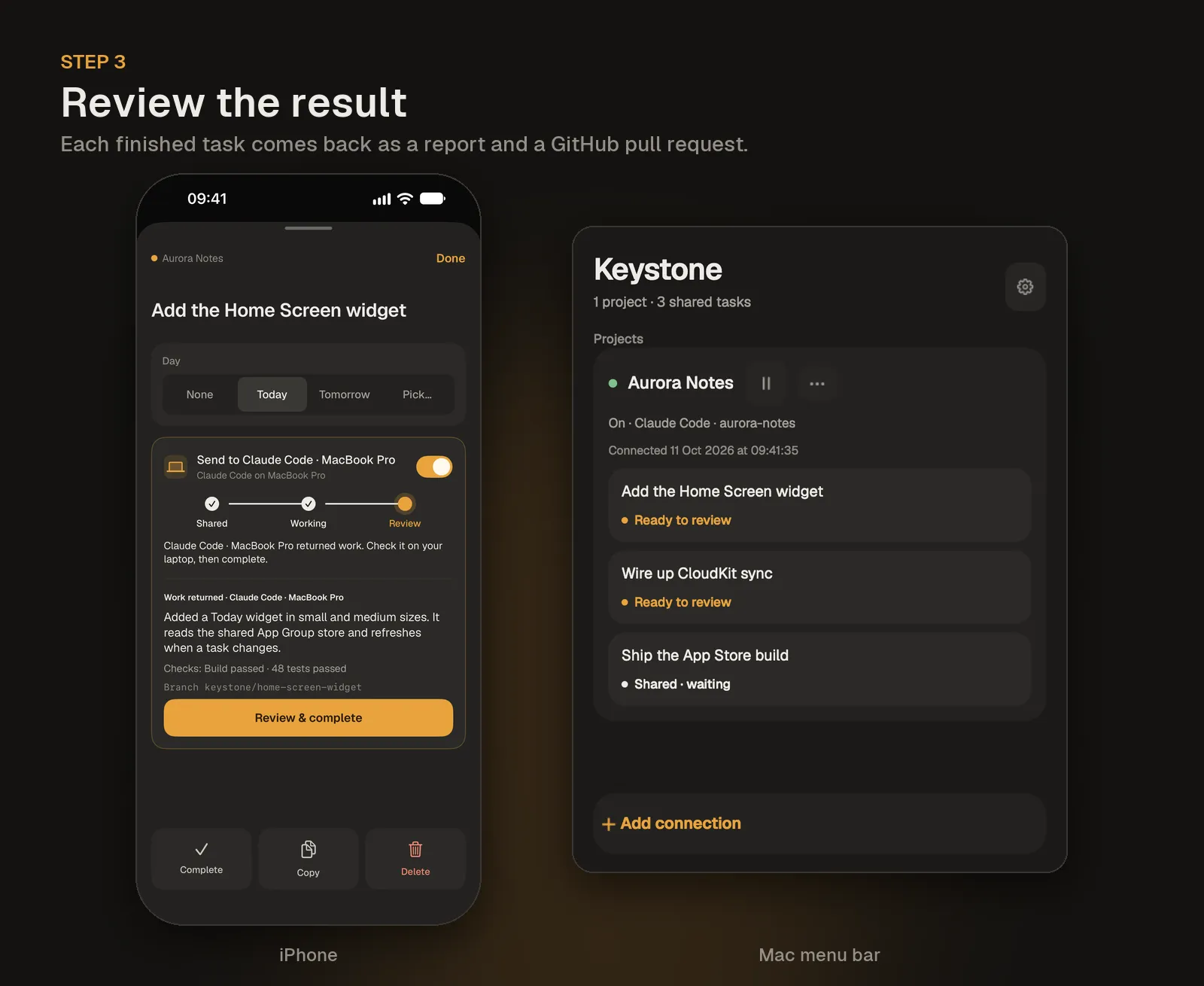 A finished task comes back from the agent as a report and a GitHub pull request, reviewed on the iPhone
