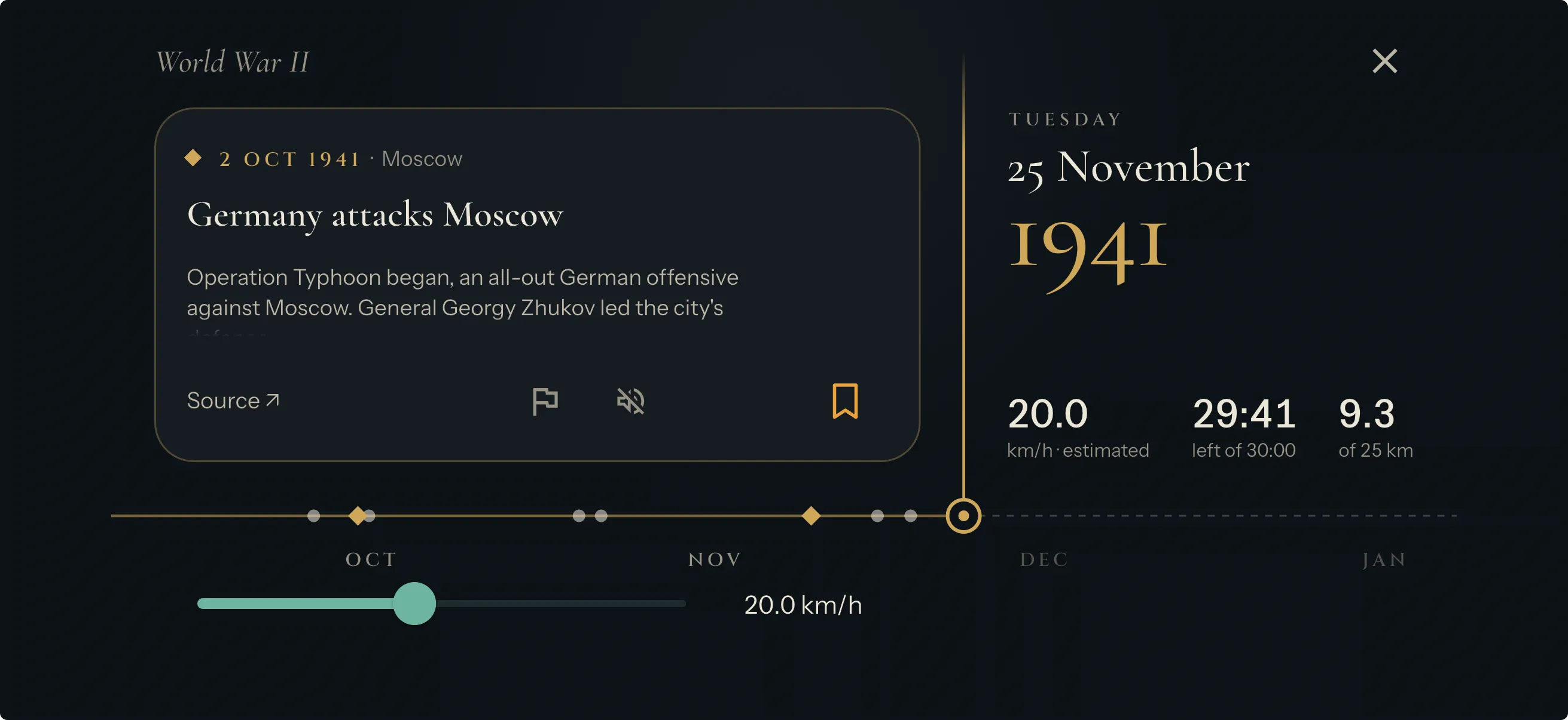 Riding through World War II with the phone on its side: a moment from October 1941, today's date, speed, time left and distance, and the timeline